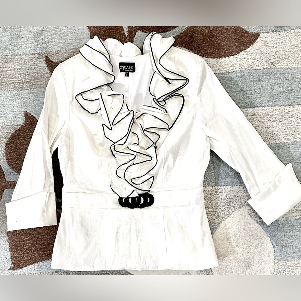 Xscape 3/4 Cuffed Sleeve Ruffled & Embellished Formal White Taffeta w Black Trim - Picture 2 of 11